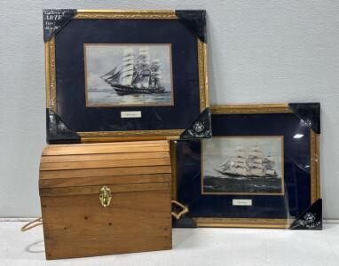 Louis Michel & Co. Framed Nautical Art Prints "Euphrasyne" & "Bienvenue", 16x20, w/ Wood Chest