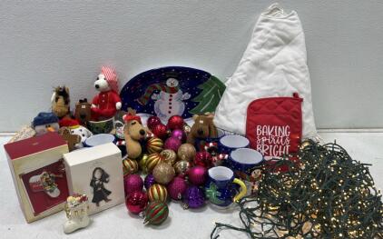 Christmas Holiday Decor Lot - Hallmark Ornaments, 6 Mugs and a matching serving tray, String Lights, Plushies and a beautiful tree skirt.
