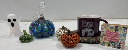 Decorative Fall & Halloween Tabletop Lot &ndash; Glass Ghost, Pumpkins, Mug with Cozy, Plaque