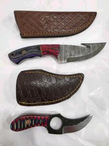 Custom Fixed-Blade Hunting Knives with Gut Hook and Finger Hole, Patterned Steel, Leather Sheaths