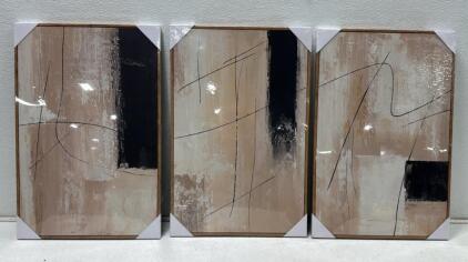 Framed Abstract Art Triptych Set &ndash; 3 Pieces, 24"x16" Each, Light Wood Frames