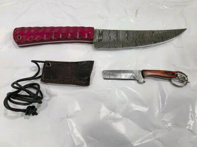 Custom Damascus Steel Fixed-Blade Knife with Pink Sculpted Handle and Mini Cleaver Keychain Set