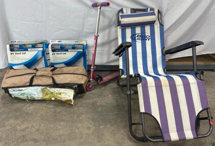Ozark trail 15ftx13dt hexagonal screen house. BUD LIGHT folding chair, (2) RV vent Lids, Razor Scooter kids pink.