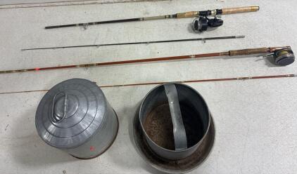 Vintage Whittemore Corp 2 piece fishing Rod with Garcia Mitchell 300 reel, Vintage Fiber glass 2 piece unbranded Fishing Rod with.a Vintage PEMCO reel. galvanized steel poultry waterer.