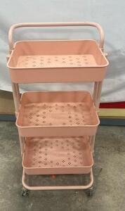 3-Tier Pink Metal Rolling Utility Cart with Locking Wheels and Perforated Shelves