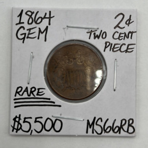 1864 MS66RB Rare Gem Two Cent Piece