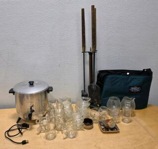 Electric Beverage Urn, Mixed Glassware Set, Fireplace Tools, Sport Bag & Decor Lot