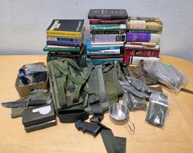 Military Surplus LBE Field Gear Set, Mixed Era US Army, Multiple Pouches, Knife, Cup, Camouflage With Assorted Books