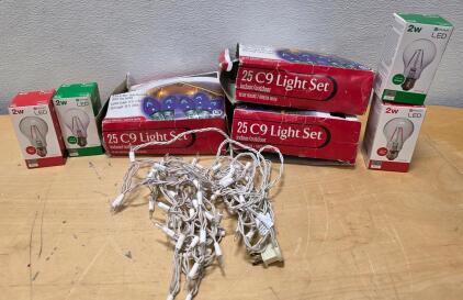 3 Sets C9 Blue Holiday String Lights (25 Bulbs Each) + Utilitech 2W LED Bulbs Red/Green