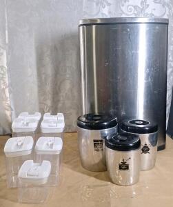 (1) Stainless Steel Kitchen Wastebasket & (10) Assorted Storage Containers
