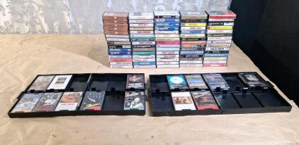 Lot Of (80+) Assorted Music Cassette Tapes & (2) 12-Cassette Tape Storage Boxes