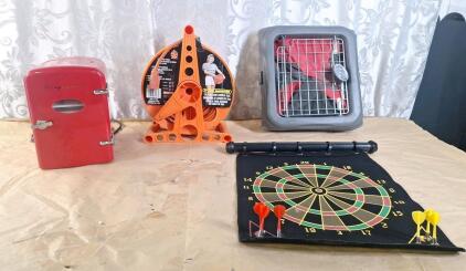 (1) Retro Frigidaire Mini Fridge, (1) 100-Foot Extension Cord & Reel, (1) Collapsible Small Pet Carrier & (1) Magnetic Dart Board