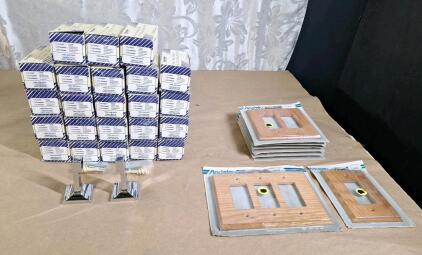 (23) Taymor 01-R9400P Chrome Towel Bar Post Sets & (8) Assorted Oak Light Switch Covers
