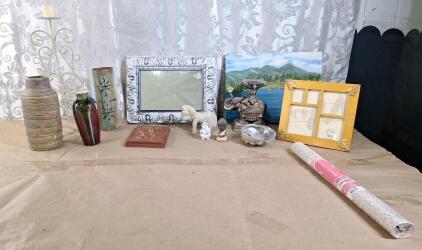(1) Small Framed Mirror, (2) Ceramic Vases, & Assorted Household Decor