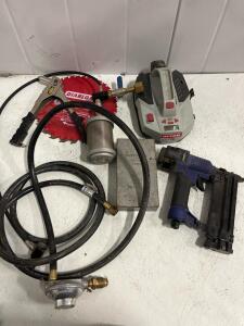 Craftsman Inflator, Diablo 10" Saw Blade, 18-Ga Nailer, Hoses, Regulator, Tool Lot