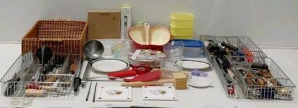 Large Mixed Kitchen Utensil & Plate Lot&mdash;Wine Stopper, Cheese Plates, Chopsticks, Wire Baskets