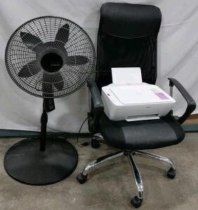 HP Printer (Turns On), Lasko Fan (Turns On), and Office Chair