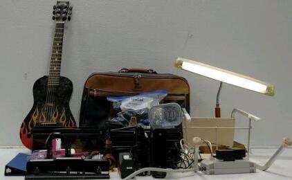 Acoustic Guitar with Flame Design, Includes Suitcase, Desk Lamps, and Office Supplies
