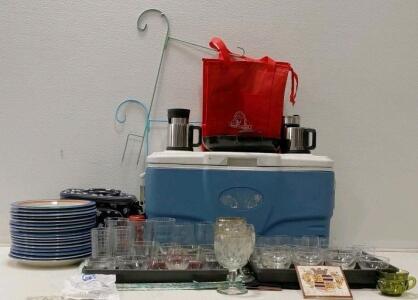 Mixed Kitchenware Lot: Plates, Glasses, Stainless Mugs, Cooler, Trays & Tote Bag, 30+ Pieces