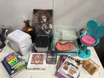 Finishing Touch Flawless Mini Beauty Fridge, assorted home decor and childrens goods. assorted items, books, extra
