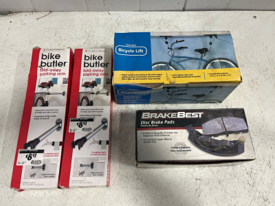 Ceiling Bicycle Lift Hoist 95803, Steel Construction, 50 lb Capacity, Fits Up to 10 ft Ceilings, (2) bicycle butler in original packaging and set of brake pads.