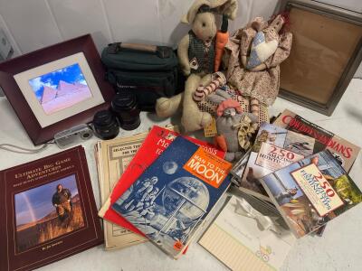 Lot of 15 Outdoor & Western Books, Magazines w/ Big Game, Tips, Vintage Camera, Extras- Digital Picture Frame- works, stuffed animals,