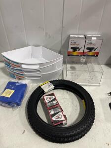 InterDesign Lazy Susan Cabinet Binz Wedge Organizer, Clear plastic cake stand, (2) 16.5&rdquo; bicycle wheels and (2) 16.5 tubes, (2) auto heaters and plastic float. items are like new.