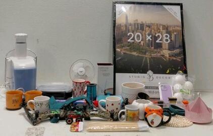 Mixed Household Lot with Slicer, Studio Decor 20x28 Frame, Mugs, Toys, and Desk Fan