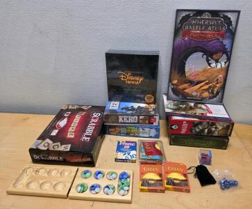 Large Collection Board Game Lot: Scrabble Deluxe, Carcassonne, D&D, Catan, Villainous, Dice