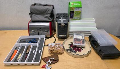 Household Lot: 4-Slice Toaster, Knives, Magnetic Screen Door, Organizers, Gun Cleaning Kit