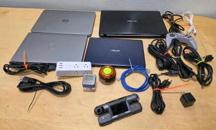 Dell & ASUS Lot: 4 Laptops, Power Cords, Controller, Digital Devices, Cables