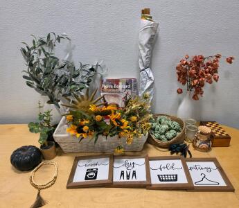 Mixed Lot Home D&eacute;cor: Faux Plants, Framed Signs, Sun Sculpture, Book, Accessories