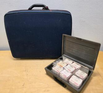 Vintage Samsonite 24" Hard Shell Suitcase, Lot of 8 Gemline Defrost Timers CC802-CC808, Blue