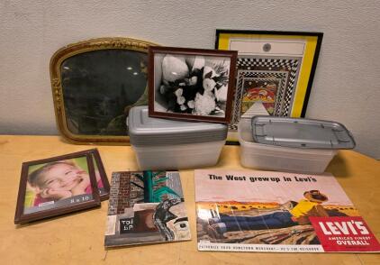 Assorted Framed Art, Vintage Levi&rsquo;s Poster, Signed Painting, New Frames & Storage Containers Lot