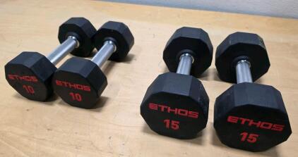 Ethos Hex Dumbbell Pairs &ndash; 10 lb & 15 lb, Rubber Coated, Chrome Handles, Set of 4