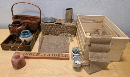 Rustic Home Decor Lot: Wooden Crate, Ceramic Jars, Basket, Planters, and More