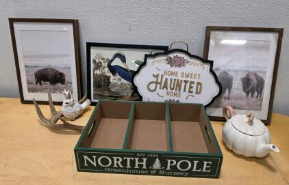 Decor Lot: Framed Wildlife Prints, North Pole Tray, Pumpkin Teapot, Haunted Home Sign, Figurine