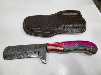 Custom Damascus Cleaver Knife, Full Tang, Multicolor Handle, Leather Sheath Included