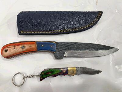 Custom Fixed Blade Knife Colored Wood Handle & Sheath + Damascus Keychain Folding Knife Combo