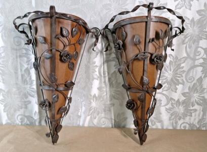 (2) Large Gothic-Style Iron Wall Sconces / Planters, 22"T