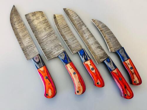 5-Piece Damascus Steel Kitchen Knife Set &ndash; Multicolor Handles, Chef, Cleaver, Utility, Paring