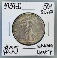 1939-D Walking Liberty Half Dollar, Denver Mint, 90% Silver, Circulated, Iconic American Coin