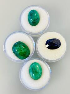 Brazilian Emeralds 10.8Ct 13.6Ct 18.35Ct Oval Cabochon & Mozambique Sapphire 5.4Ct Faceted