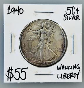 1940 Walking Liberty Half Dollar, 90% Silver, Philadelphia Mint, Circulated, Weinman Design