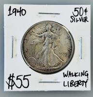 1940 Walking Liberty Half Dollar, 90% Silver, Philadelphia Mint, Circulated, Weinman Design