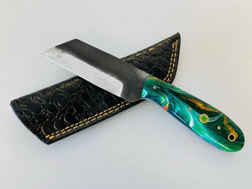 Custom Handmade Tanto Fixed-Blade Knife With Resin Handle And Leather Sheath