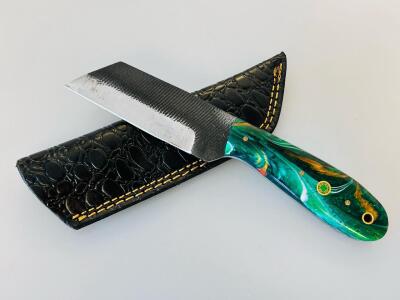 Custom Handmade Tanto Fixed-Blade Knife With Resin Handle And Leather Sheath