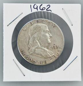1962 Franklin Half Dollar, 90% Silver, Benjamin Franklin, Circulated, Philadelphia Mint