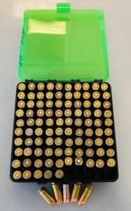 100 rounds mixed brand .40 S&W JHP handgun ammo, brass case, 180gr, in green plastic box