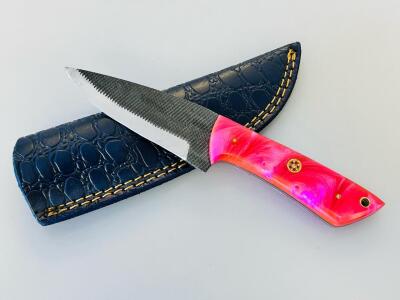 Custom Fixed Blade Knife With Pink Swirl Handle And Embossed Leather Sheath